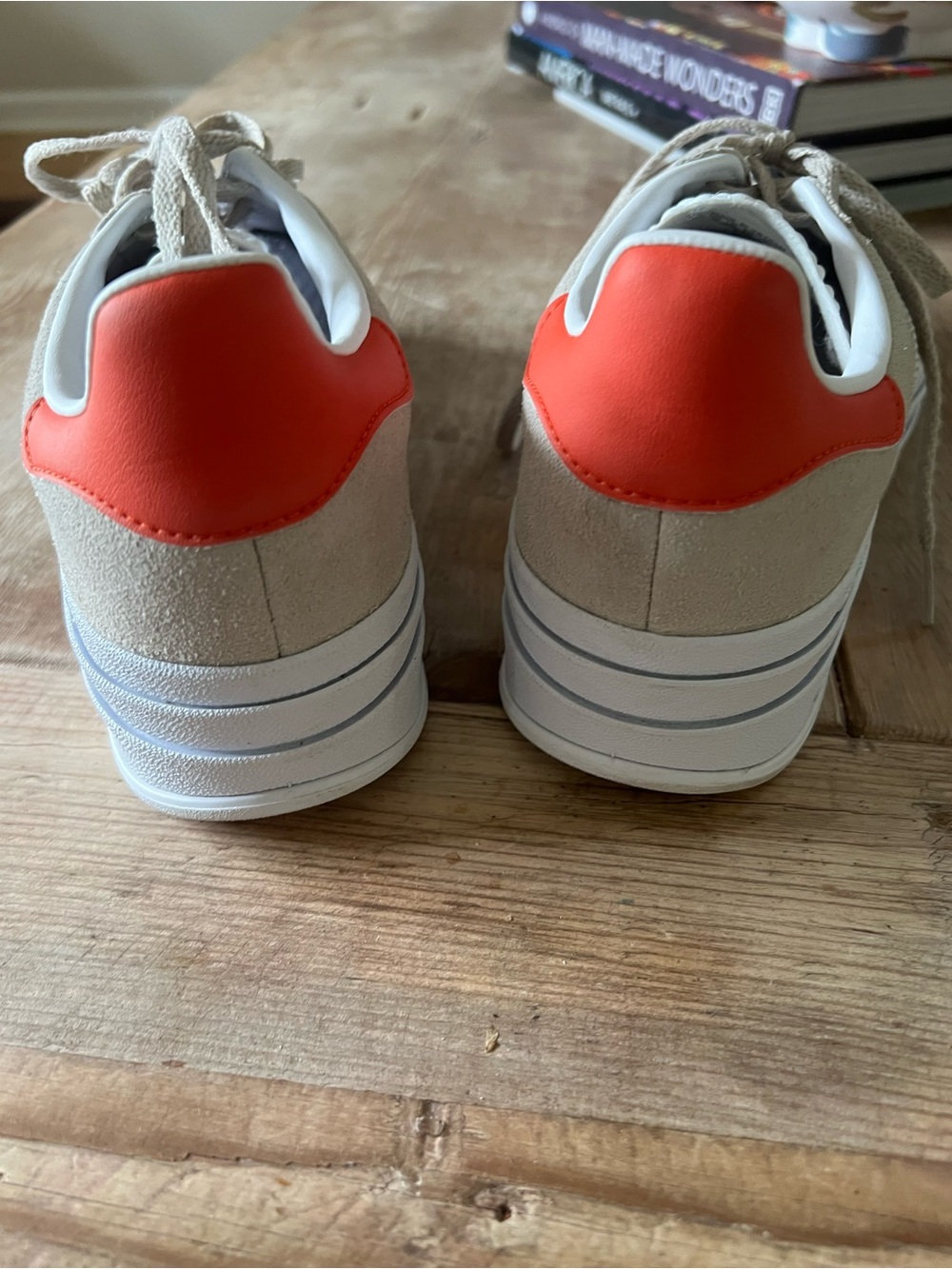 adidas Beige Suede Platform Sneakers with White Stripes and Red Heel - Picture 5 of 13